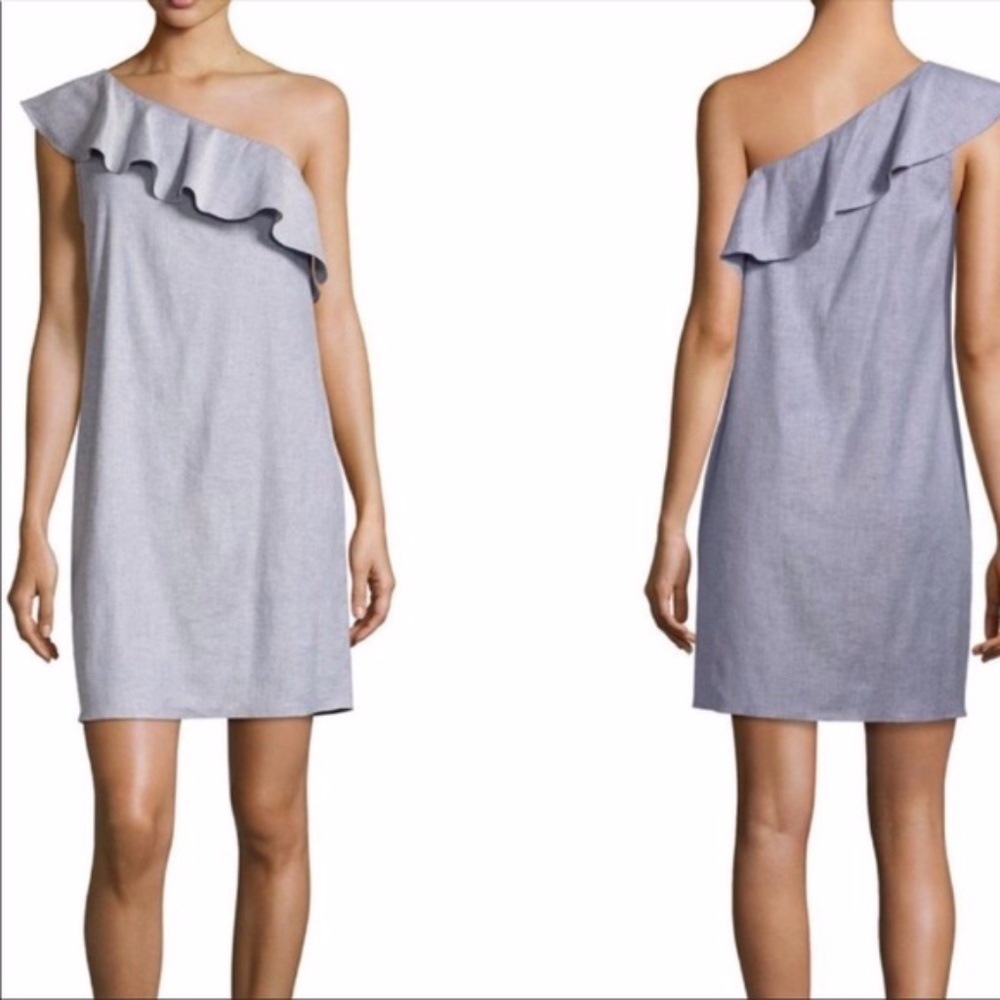 Theory Alexandra Linen Blend Dress 00 Blue One Shoulder Ruffle Mini Short
